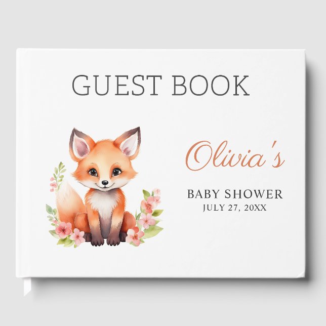 Livre D'or Pink Peach Woodland Fox Baby Shower Guest Book (Recto)