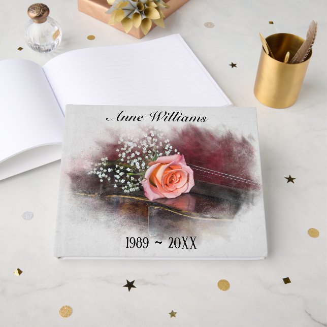 Livre D'or Pink Rose on Antique Violin for Memorial Service (Recto ouvert)