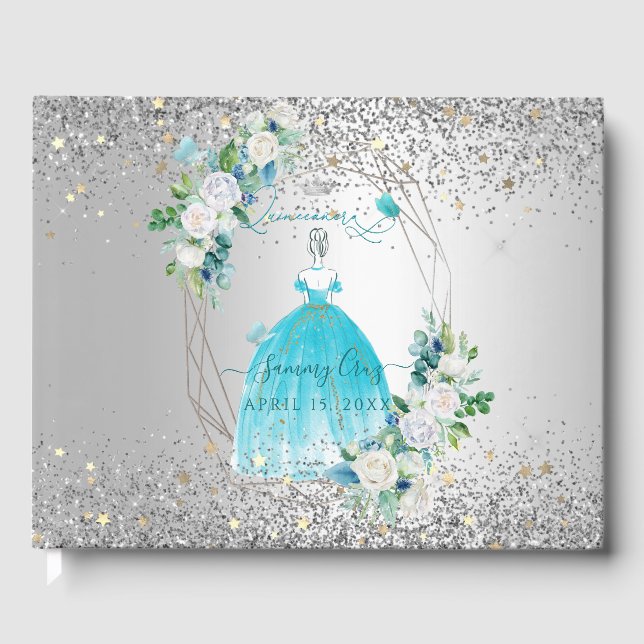 Livre D'or PixDezines Quinceanera H2 Fleurs Aqua Robe Bleue (Recto)