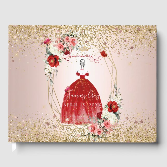 Livre D'or PixDezines Quinceanera H2 Fleurs Robe Rouge (Recto)
