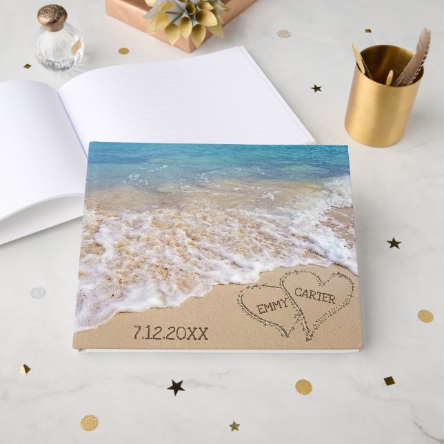 Livre D'or Plage de mariage cœurs avec noms (Recto ouvert)