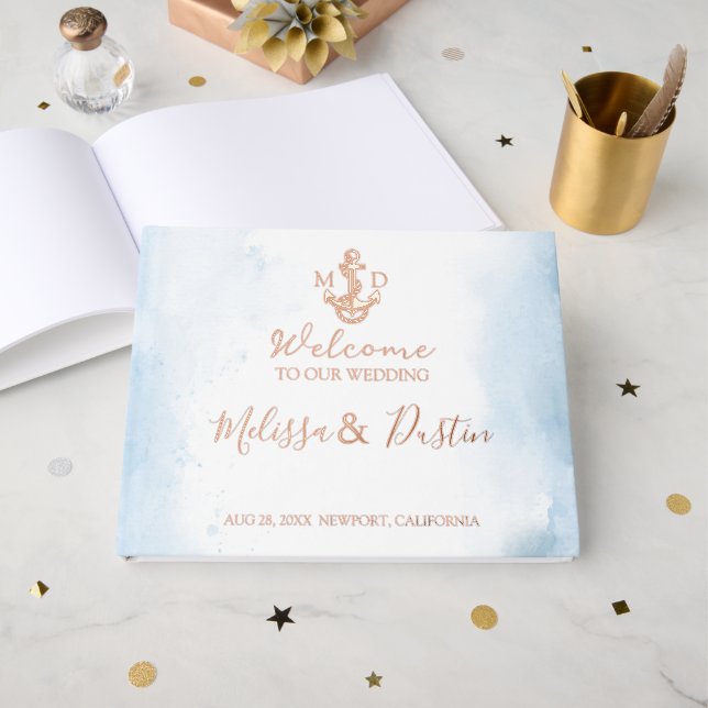 Livre D'or Plage minimal Ancre Côtière Nautique Mariage Foil (Recto ouvert)
