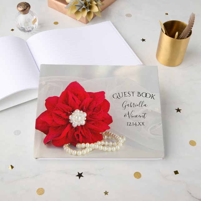 Livre D'or Poinsettia rouge et perles Mariage d'hiver (Recto ouvert)