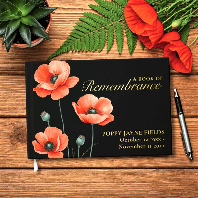Livre D'or Poppy Souvenir Funeral Foil Guest Book (Poppy Book of Remembrance with space for your details)
