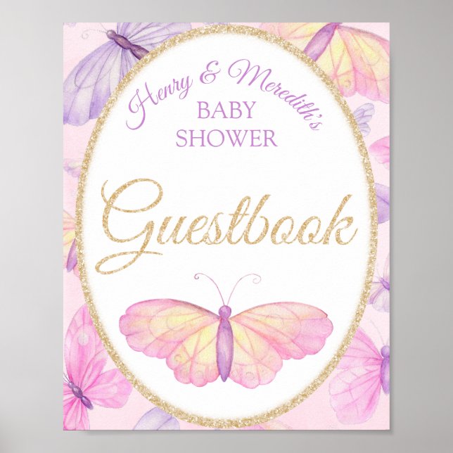 Livre d'or pour Baby Shower Papillon Rose et Viole (Devant)