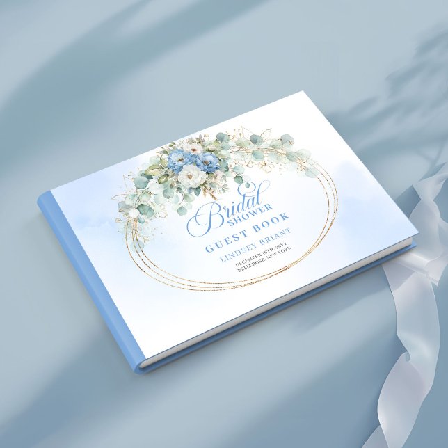 Livre d'or pour invités de mariage bohème avec fle (Boho dusty blue flowers bridal shower guest book)
