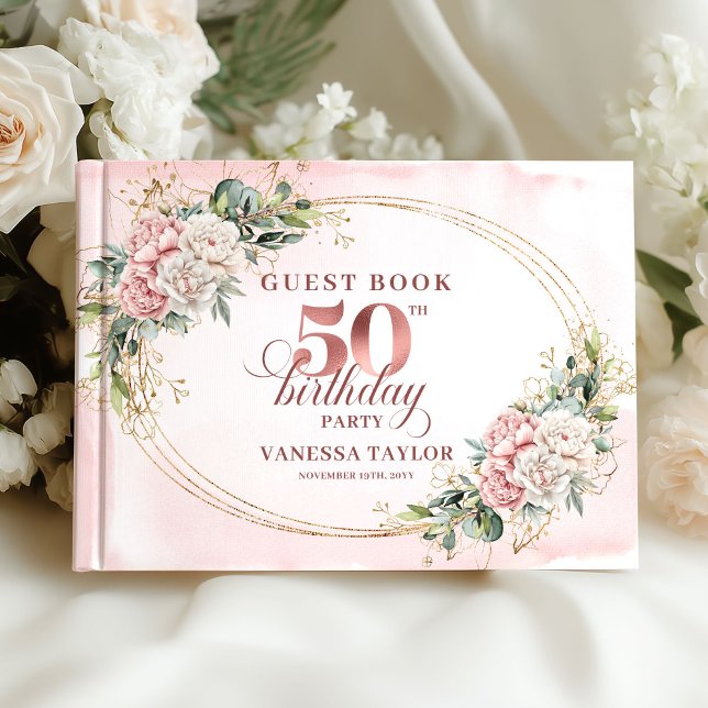 Livre d'or pour les 50 ans avec verdure rose poudr (Polished Blush Greenery 50th Birthday Guestbook)