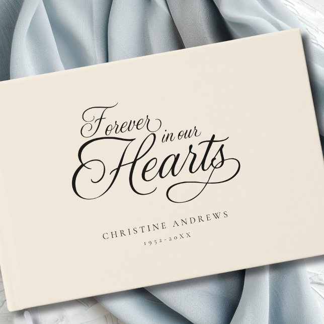 Livre D'or "Pour toujours dans nos coeurs" Garder des funérai (Elegant, Minimalist, Script Font "Forever in our Hearts" Custom Guest Book.)