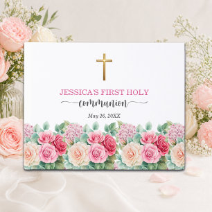 Livre D'or Première communion de fille Croix d'or Roses Flora