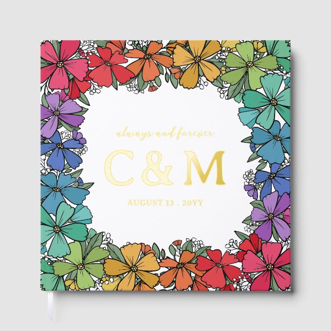 Livre D'or Pride Arc-en-ciel Floral Wreath Gold Mariage LGBTQ (Recto)