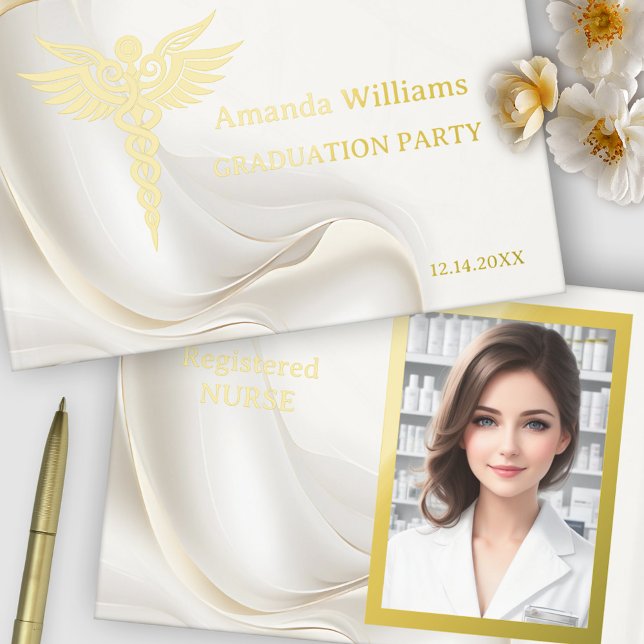 Livre D'or Professionnels de la santé - Photo Véritable huile (Graduation guest book featuring a caduceus in real foil on an elegant ivory design with your photo)