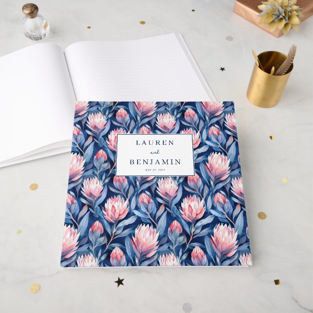 Livre D'or Protea florale bleue et rose joyeuse (Recto ouvert)