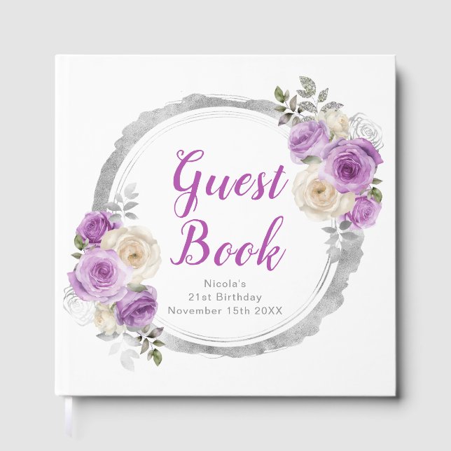 Livre D'or Purple and Silver Elegant Flowers Birthday Party (Recto)