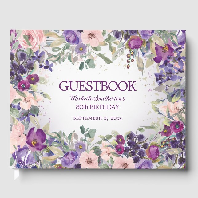 Livre D'or Purple Blush rose floral Custom 80e anniversaire (Recto)