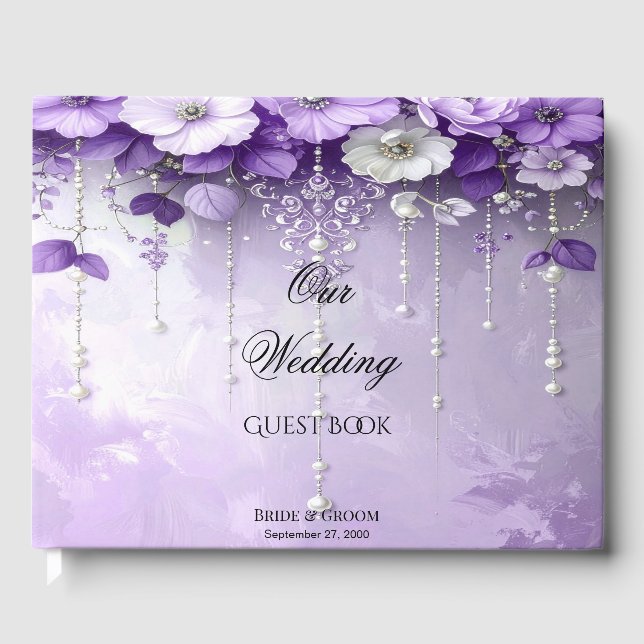 Livre D'or Purple Flowers with Dangling Pearls Guest Book (Recto)