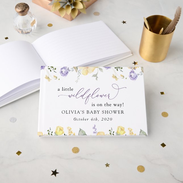 Livre D'or Purple Flowers, Yellow Flowers, Boho, Baby Shower (Recto ouvert)