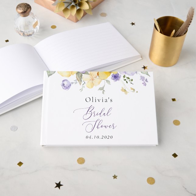 Livre D'or Purple Flowers, Yellow Flowers, Bridal Shower (Recto ouvert)