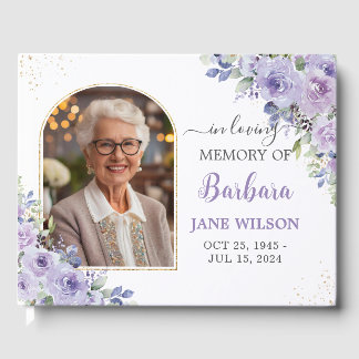 Livre D'or Purple Lilac Floral Gold Memorial Funérailles Phot