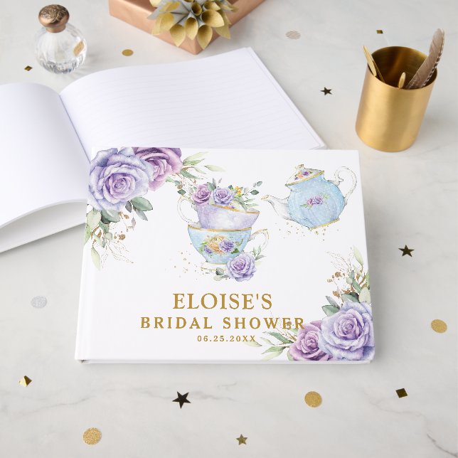 Livre D'or Purple Lilac Floral High Tea Party Bridal Shower  (Recto ouvert)