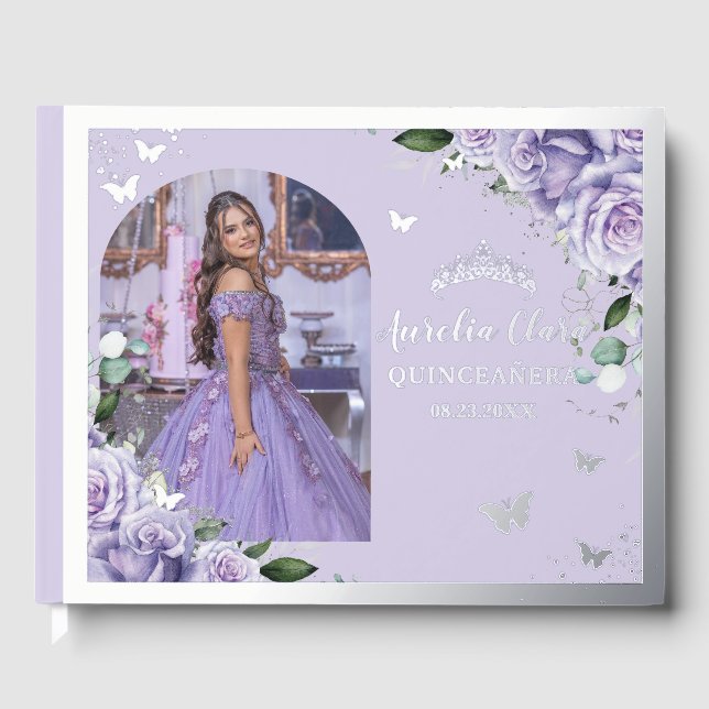 Livre D'or Purple Lilac Floral Quinceañera XV 15 Silver Photo (Recto)