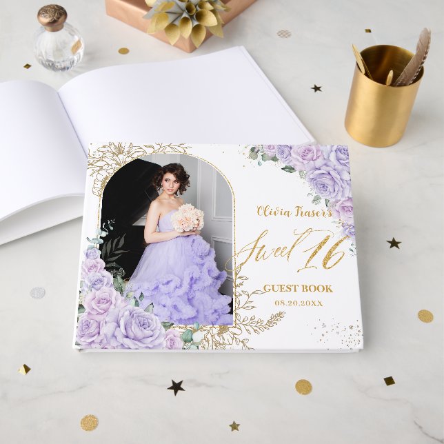Livre D'or Purple Lilac Floral Sweet Sixteen 16 Photograph (Recto ouvert)