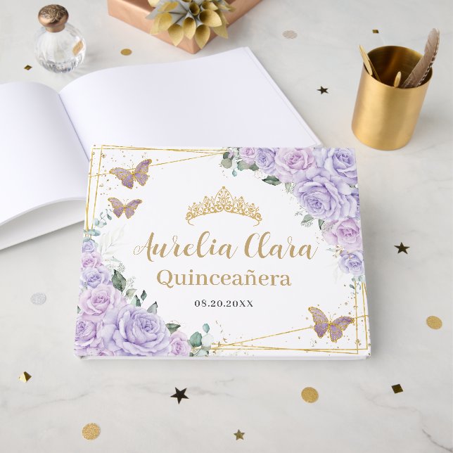 Livre D'or Purple Lilac Roses Floral Butterflies Quinceanera  (Recto ouvert)