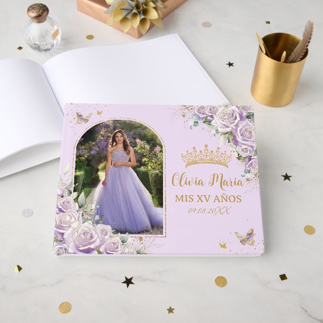 Livre D'or Purple Lilac Roses Floral Gold Quinceañera Photo (Recto ouvert)