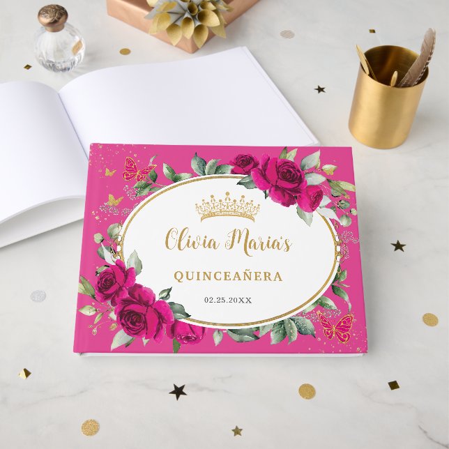 Livre D'or  Quinceanera 15 Fuchsia Pink Floral Butterfly Gold (Recto ouvert)