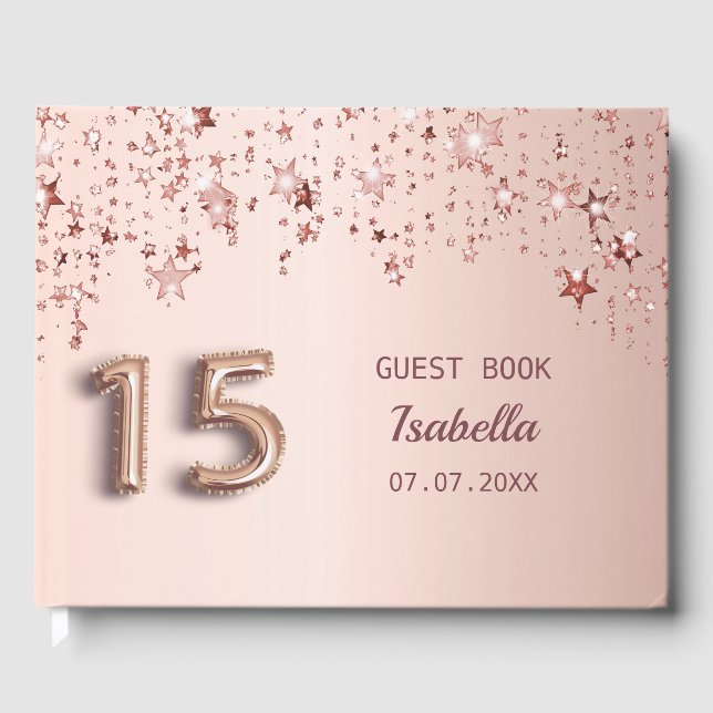Livre D'or Quinceanera anniversaire rose étoiles blush or (Recto)