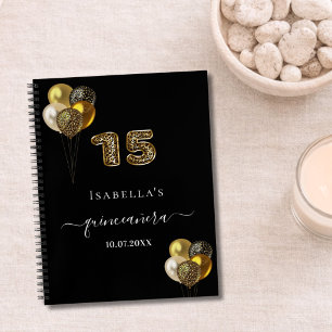 Livre d'or Quinceanera ballons noir or léopard