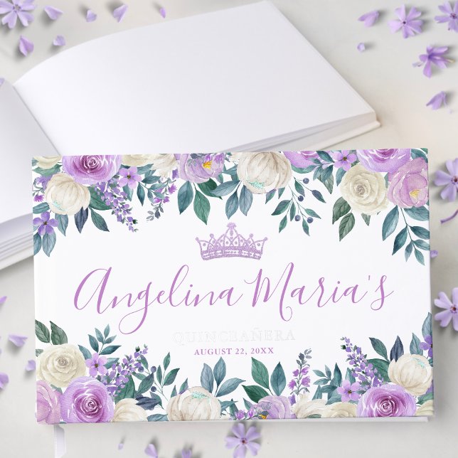 Livre D'or Quinceanera blanc floral (Floral White Purple Quinceanera Foil Guest Book)
