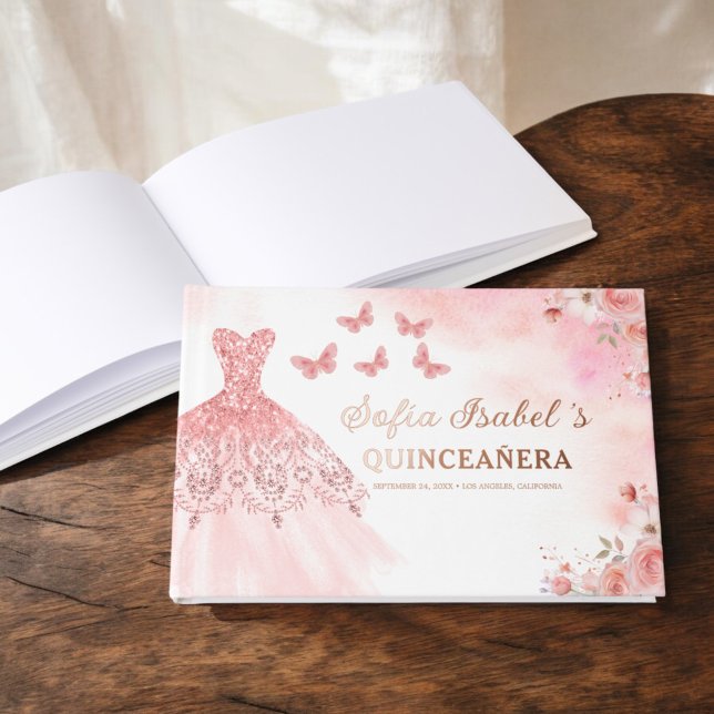 Livre D'or Quinceañera Blush Floral Princess Butterflies Gold (Créateur téléchargé)