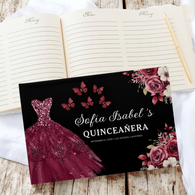 Livre D'or Quinceañera Burgundy Gold Princess Floral (Créateur téléchargé)