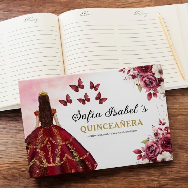 Livre D'or Quinceañera Burgundy Gold Princess Floral (Créateur téléchargé)
