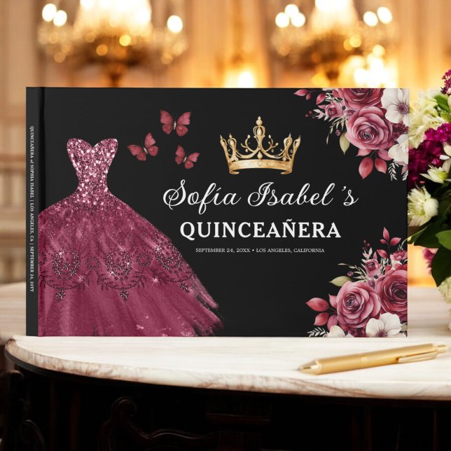 Livre D'or Quinceañera Burgundy Gold Princess Floral (Créateur téléchargé)