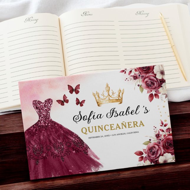 Livre D'or Quinceañera Burgundy Gold Princess Floral (Créateur téléchargé)