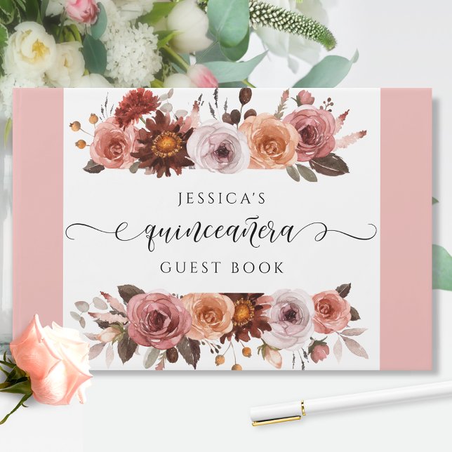 Livre D'or Quinceañera Elegant Blush Rose et Floral Bourgogne (Créateur téléchargé)
