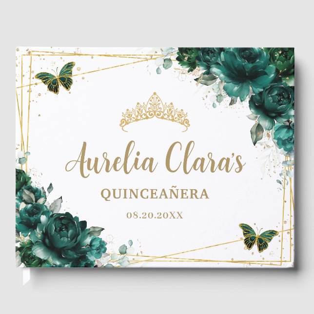 Livre D'or QUINCEAÑERA Emerald Green Floral Papillons Rose (Recto)