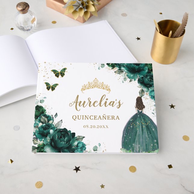 Livre D'or QUINCEAÑERA Emerald Green Floral Rose Princesse (Recto ouvert)