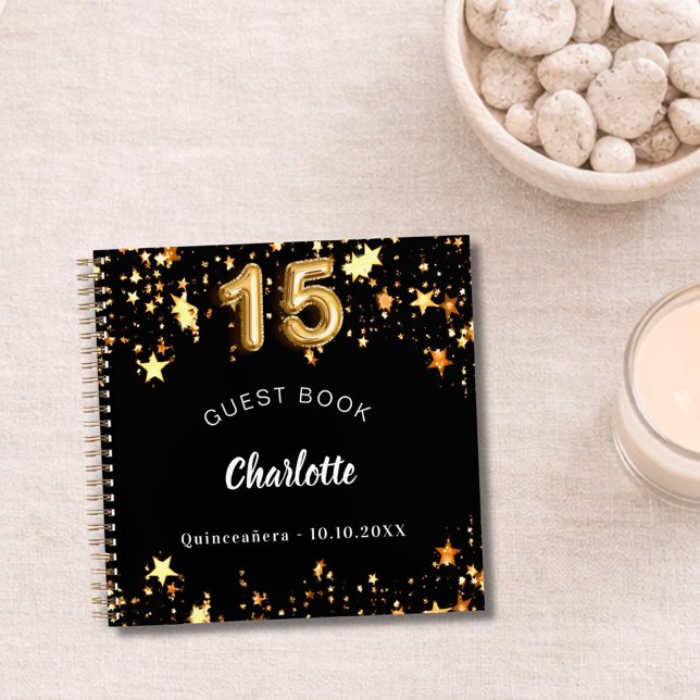 Livre d'or Quinceanera étoiles noires or (Créateur téléchargé)