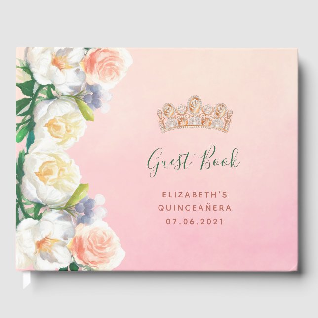 Livre D'or Quinceanera fleurs roses tiara nom glamour (Recto)