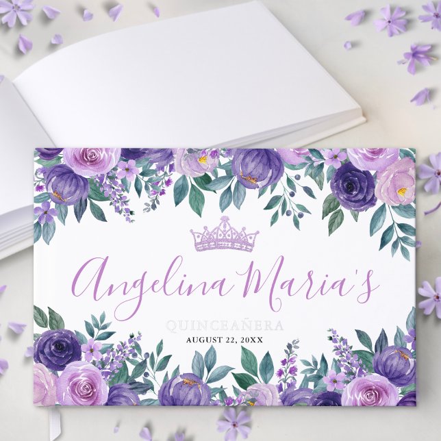 Livre D'or Quinceanera Floral Violet (Floral Purple Quinceanera Foil Guest Book)