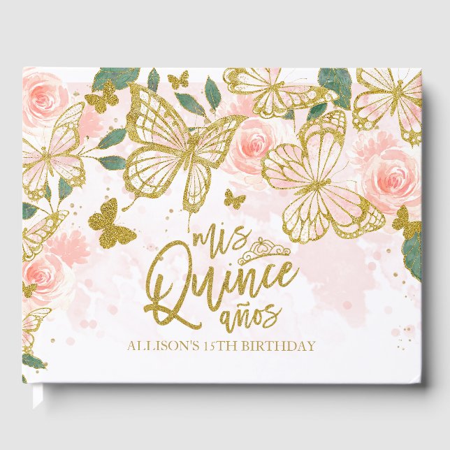 Livre D'or Quinceanera Florale De Papillon Rose Or Et Vierge (Recto)