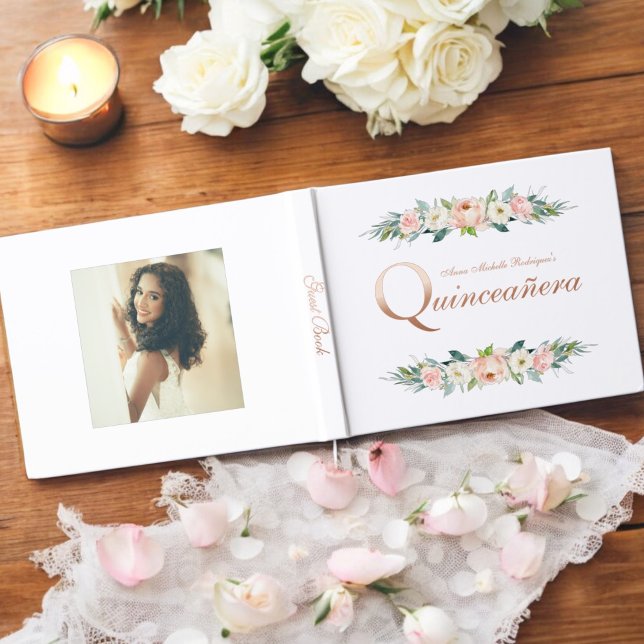 Livre D'or Quinceañera florale féminine rose pâle (Real gold foil text in rose gold!)