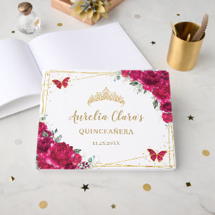 Livre D'or Quinceanera Fuchsia Papillons floraux roses chauds