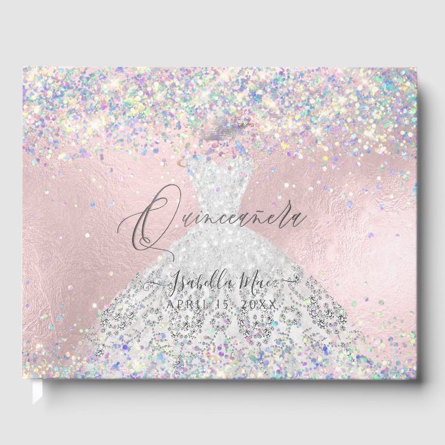 Livre D'or Quinceanera Holographique Confetti Blanc Argent (Recto)