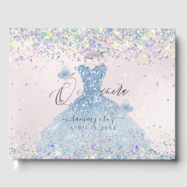 Livre D'or Quinceanera Holographique Confetti Robe Bleue Dust (Recto)
