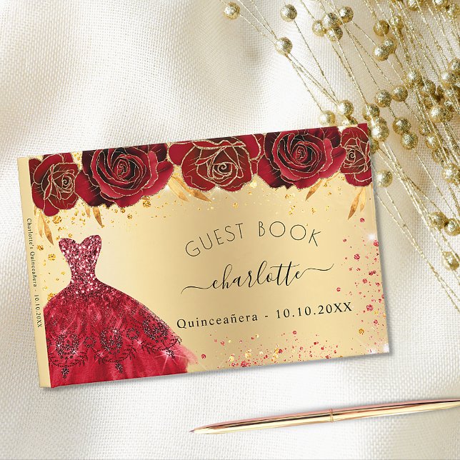 Livre D'or Quinceanera or rouge robe fleurs parties scintilla (Créateur téléchargé)