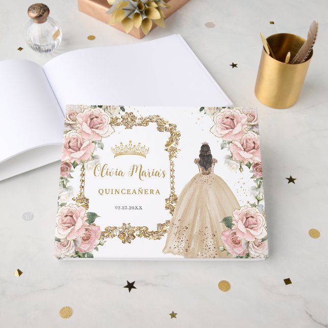Livre D'or Quinceanera Vintage Blush Rose Florale Champagne (Recto ouvert)