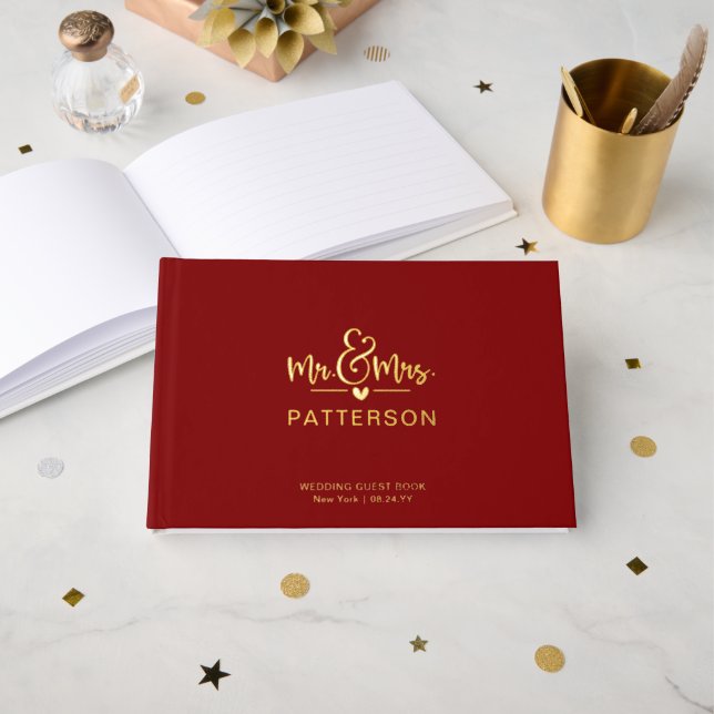 Livre D'or Real Foil Mr & Mrs Nom personnalisé Mariage rouge (Recto ouvert)
